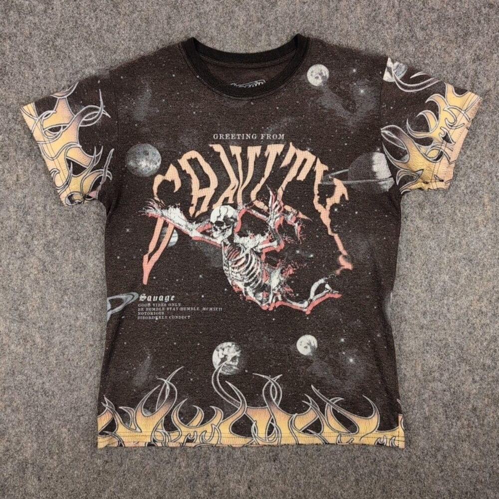 Fresh Laundry Shirt Womens Medium Black Skeleton Flames Space Graphic Tee